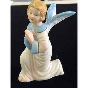 Artmark Japan Praying Kneeling Angel Bisque Ceramic Figurine Blue White Taiwan
